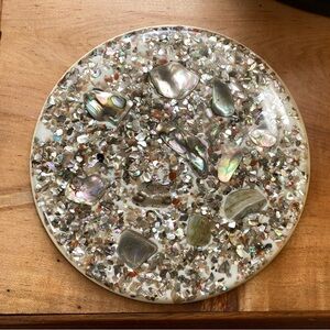 Vintage 1974 Abalone & Shell Lucite Round Trivet Footed Hot Plate